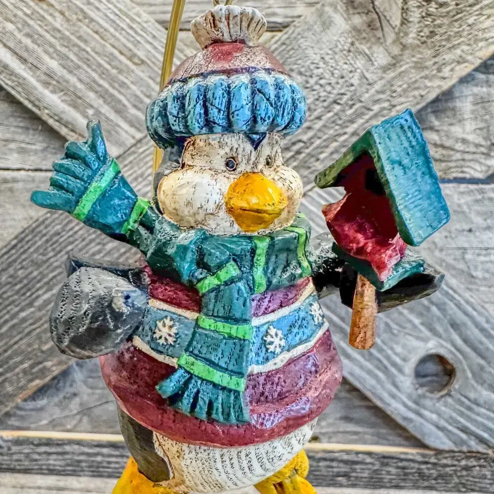 Pair of Vintage Woodlook Ornaments-Santa Bear and Christmas Penguin-Original Box